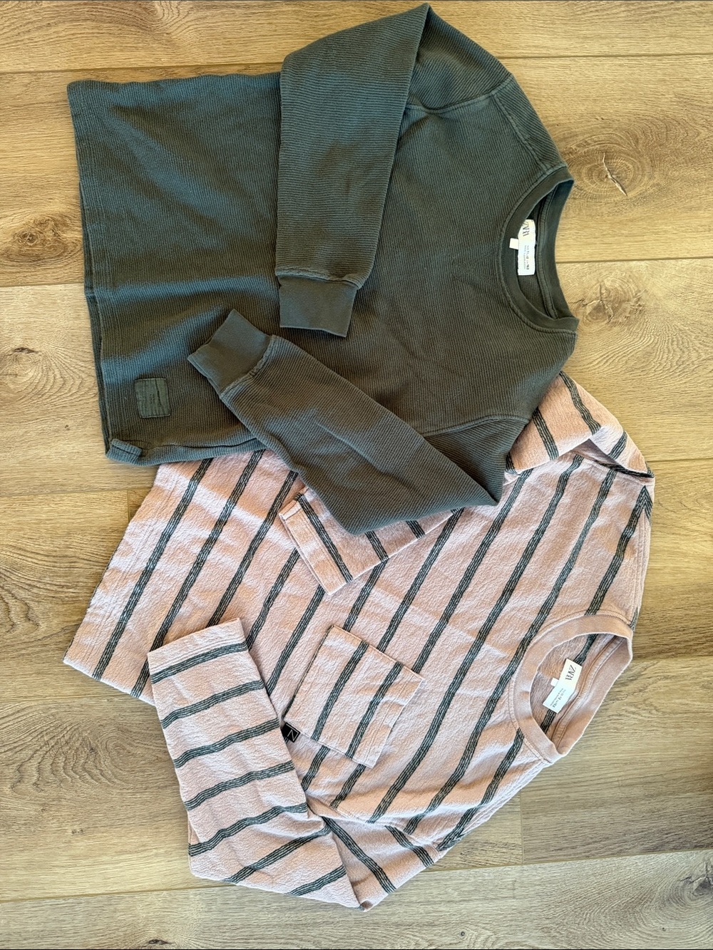 Zara Kids Long Sleeve Stripe Tee and Waffle Crew Set - Pink & Olive size 11-12